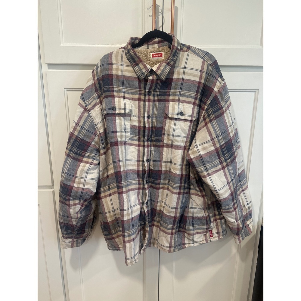 Wrangler Mens Sherpa Lined Plaid Flannel Shirt Jacket work wear Cream 3XL read